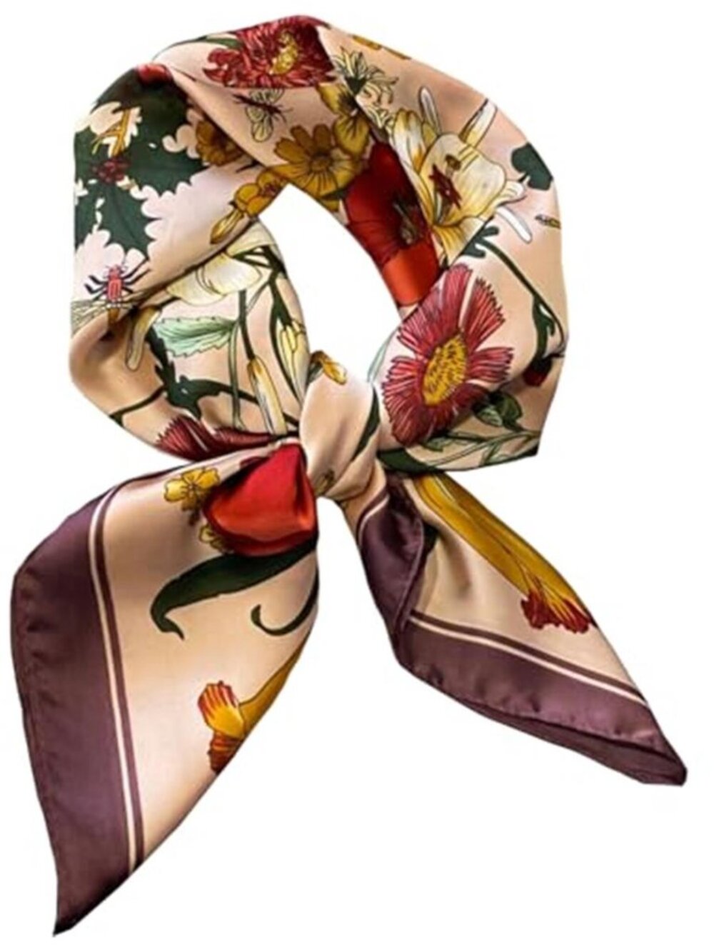 Brown Floral Square Scarf Polyester Voile Silk Feel 27.5" Hair Neck Scarf
